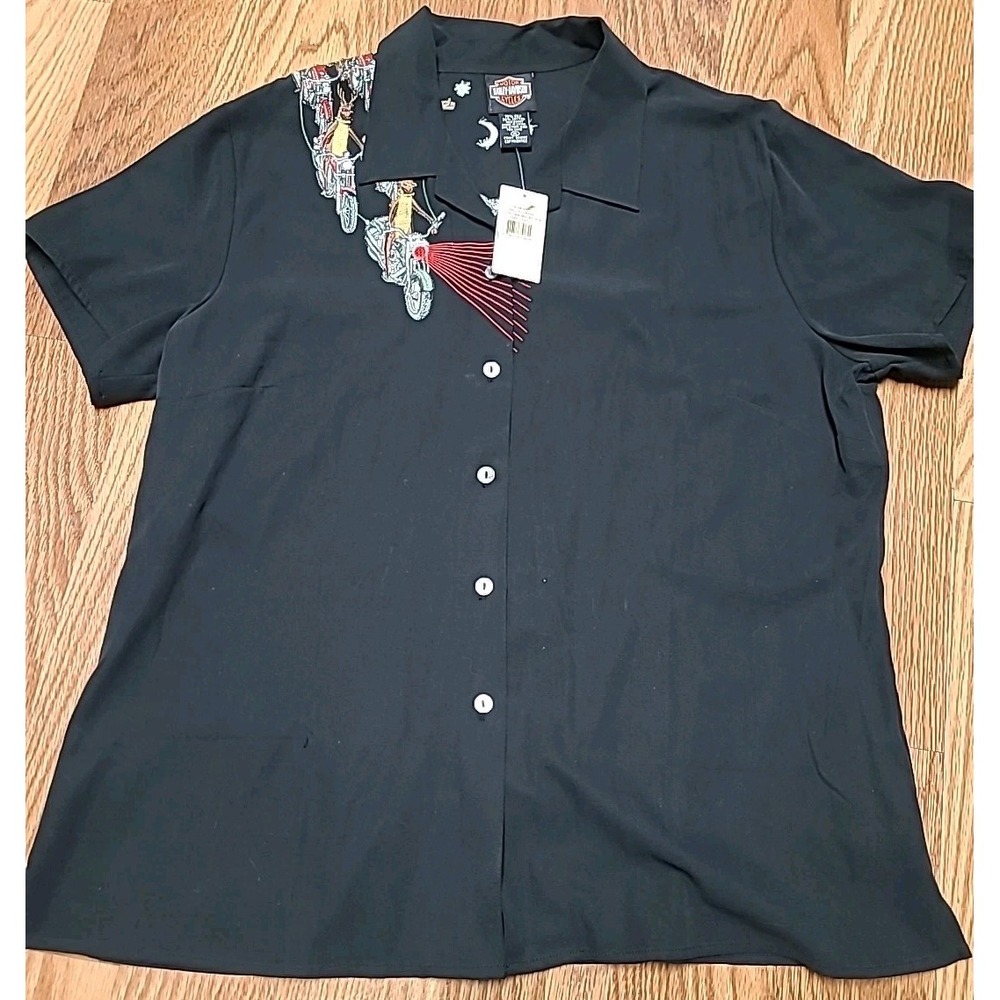 Vintage Silk Harley Davidson Tori Richard Embroidered Santa Motorcycle Top Rare